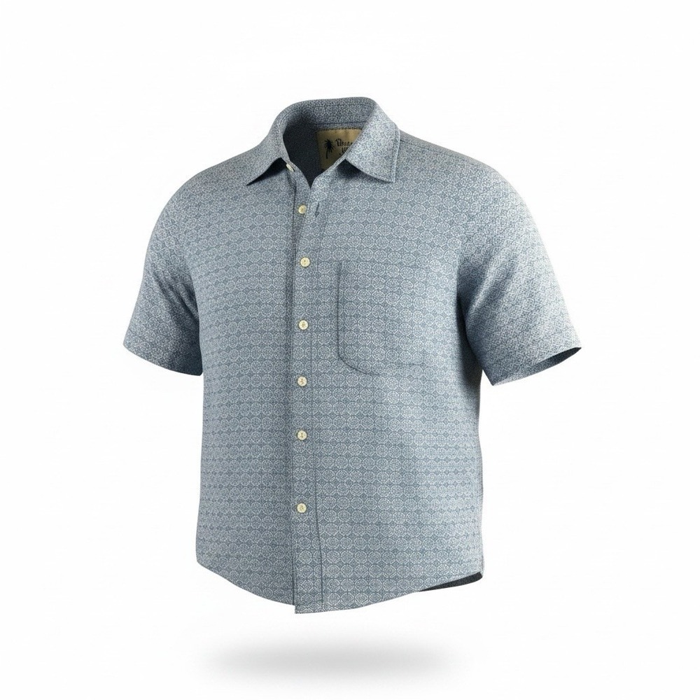 Vintage Silk Circa 1969 Mens Large Blue Geometric Silk Rayon Camp Shirt